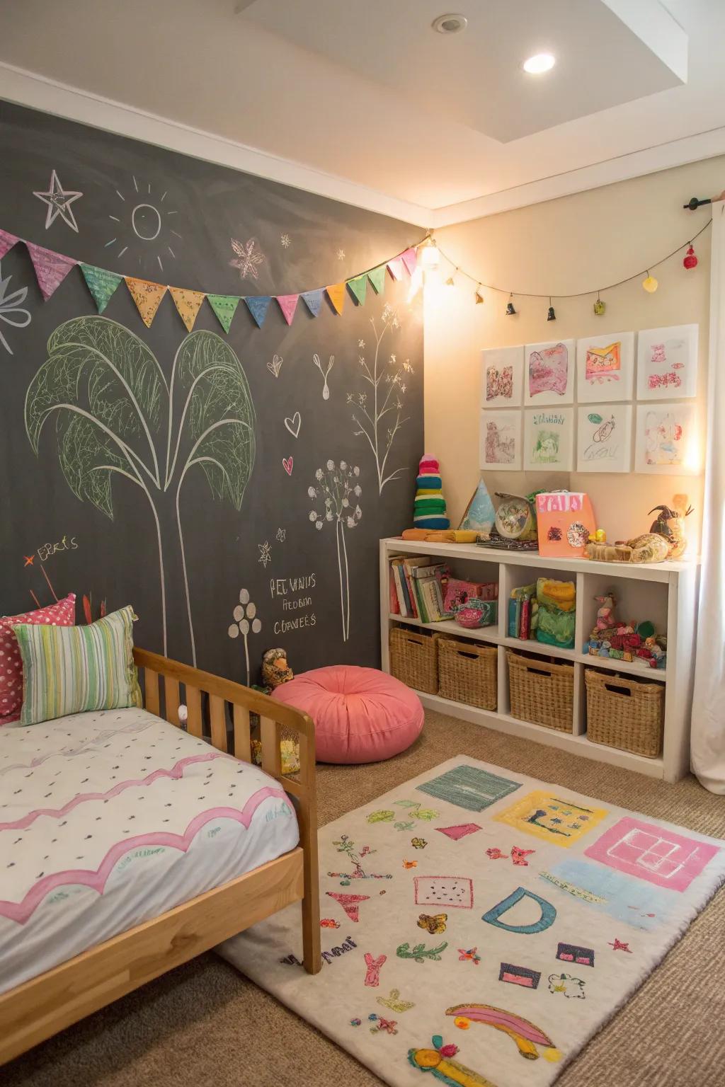 A chalkboard wall tenders boundless prospects for creativity and amusement.