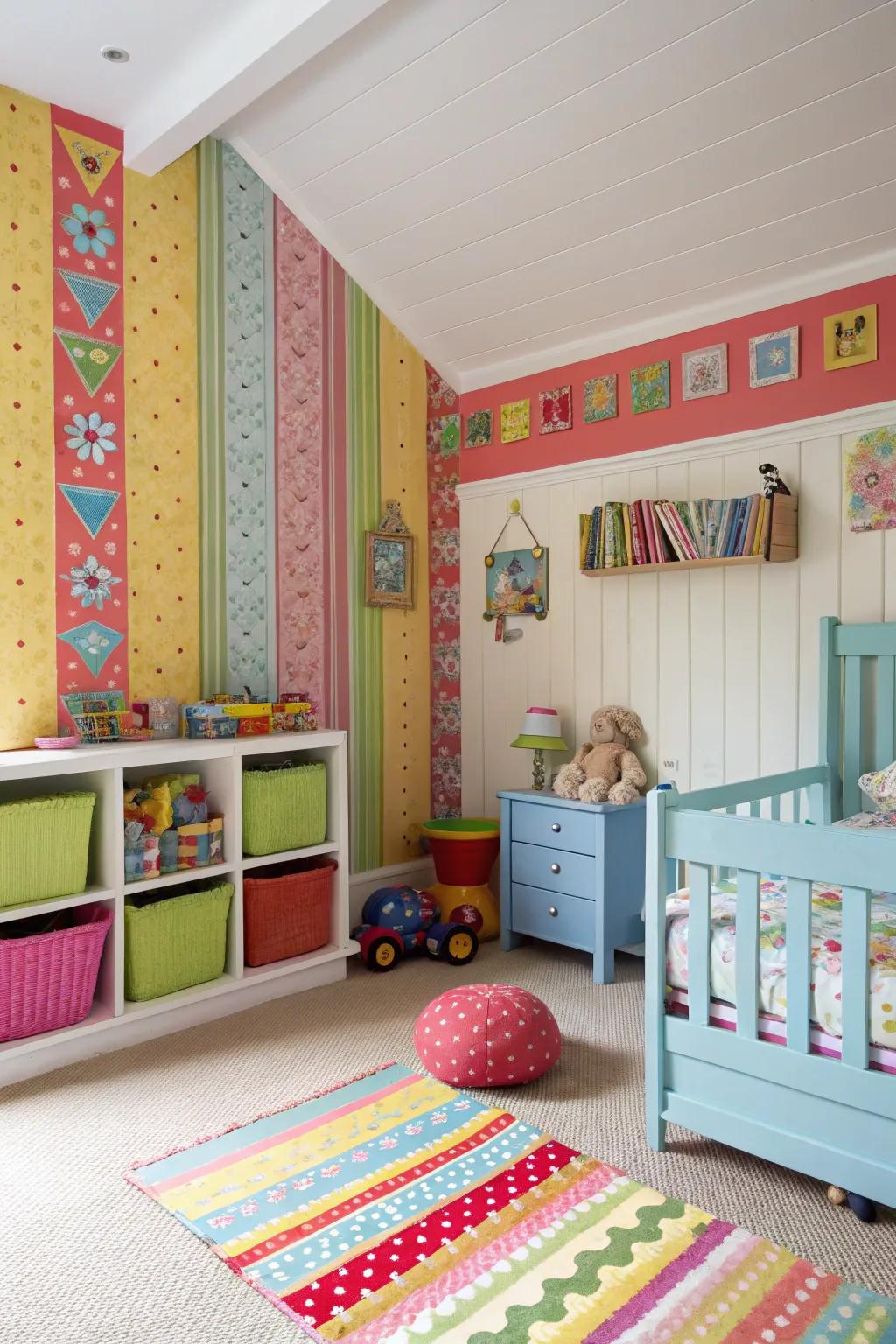 Painted interlocking plank walls formulate a playful kids' room.