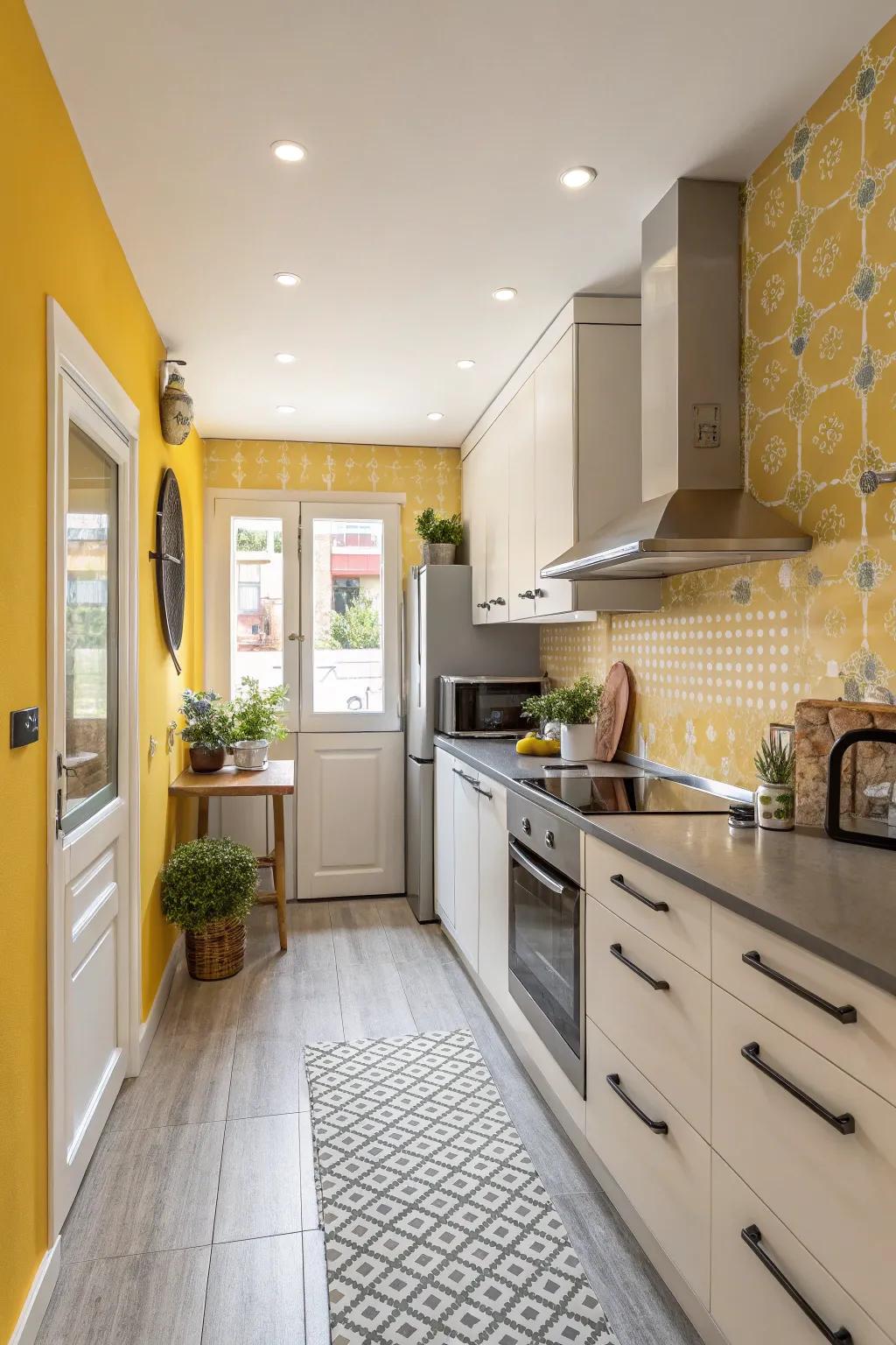 A townhouse cooking space showcased with spirited yellow walls for a vibrant ambiance.