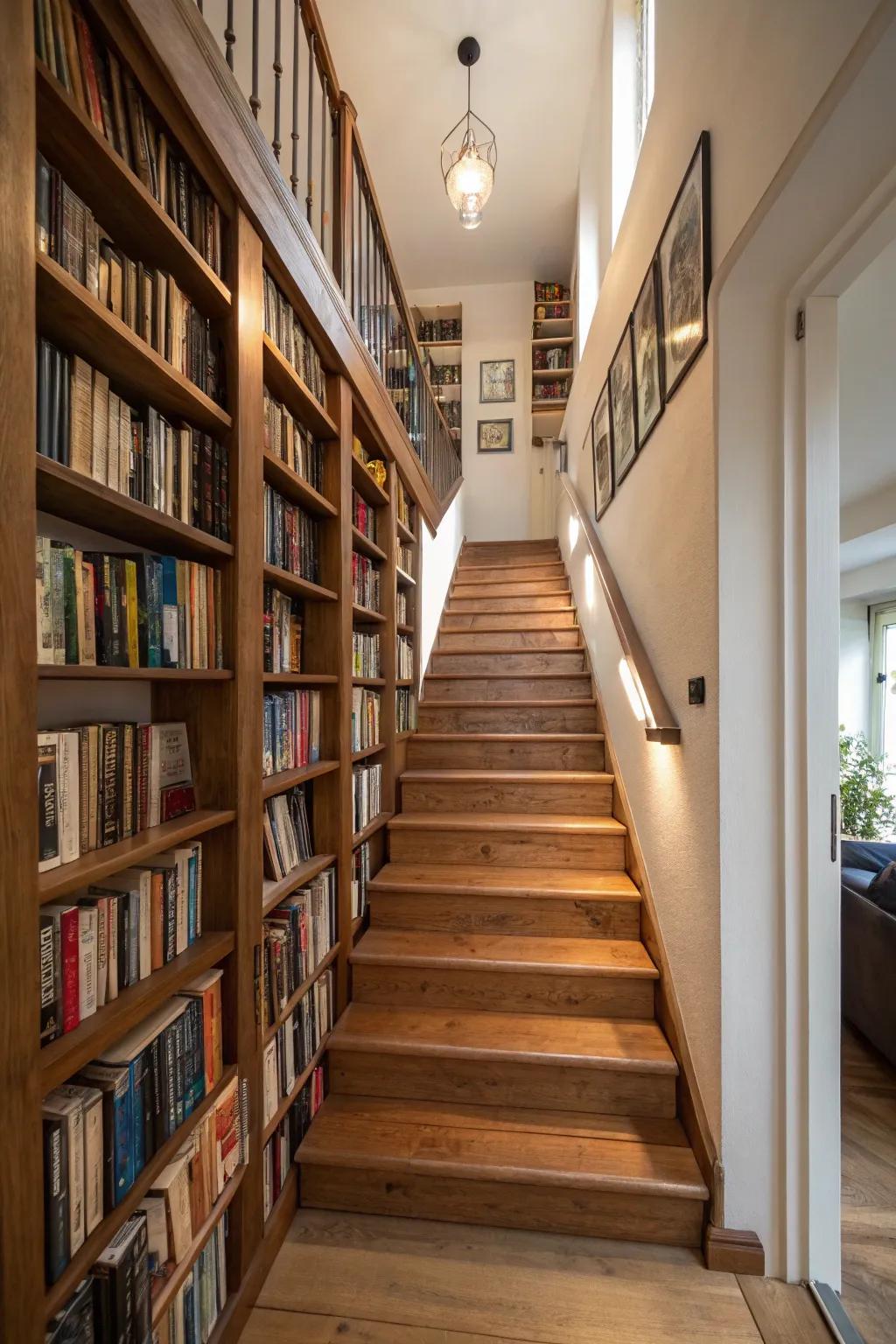 Inset bookcases transform the staircase into a welcoming reading corner.