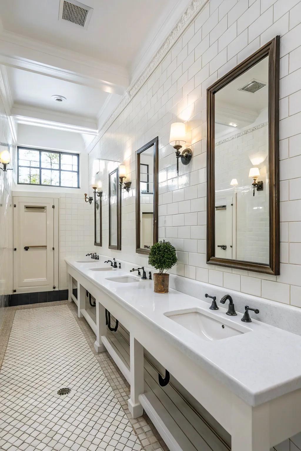 A white bathroom with a focus on balance, establishing a balanced and relaxing setting.