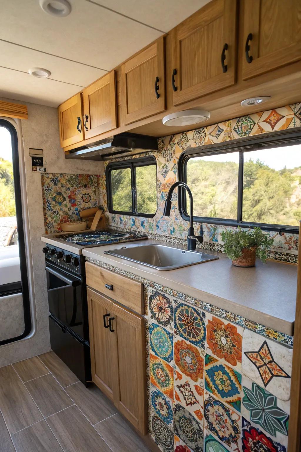 Mixed patterns create a playful and unique RV kitchen backsplash.
