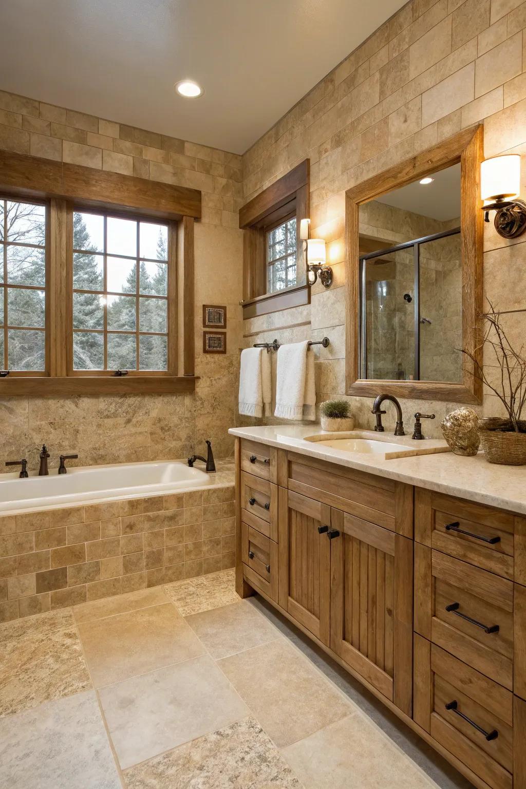 A travertine bathroom melds country charm with modern design elements.
