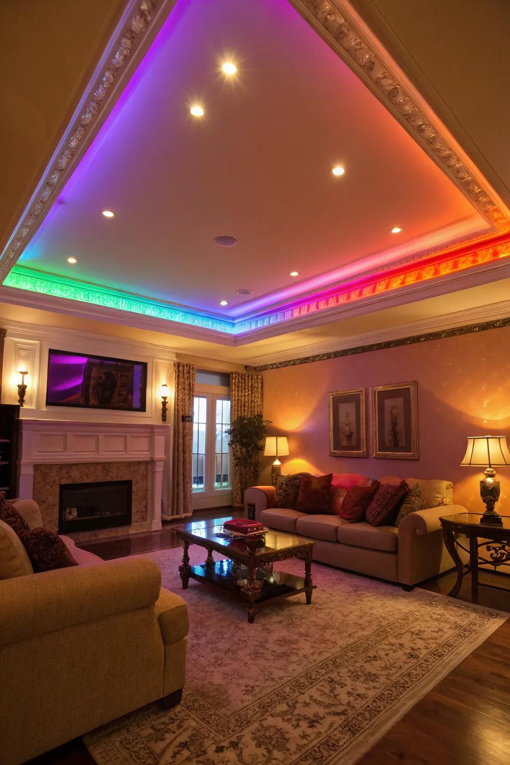 A vivid living area enhanced by dynamic color-changing lights in the tray ceiling.