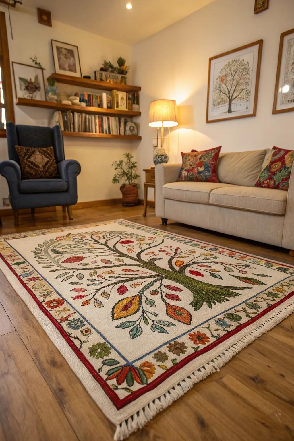 Eternal Tree rug adds warmth and design to a cozy sitting room.