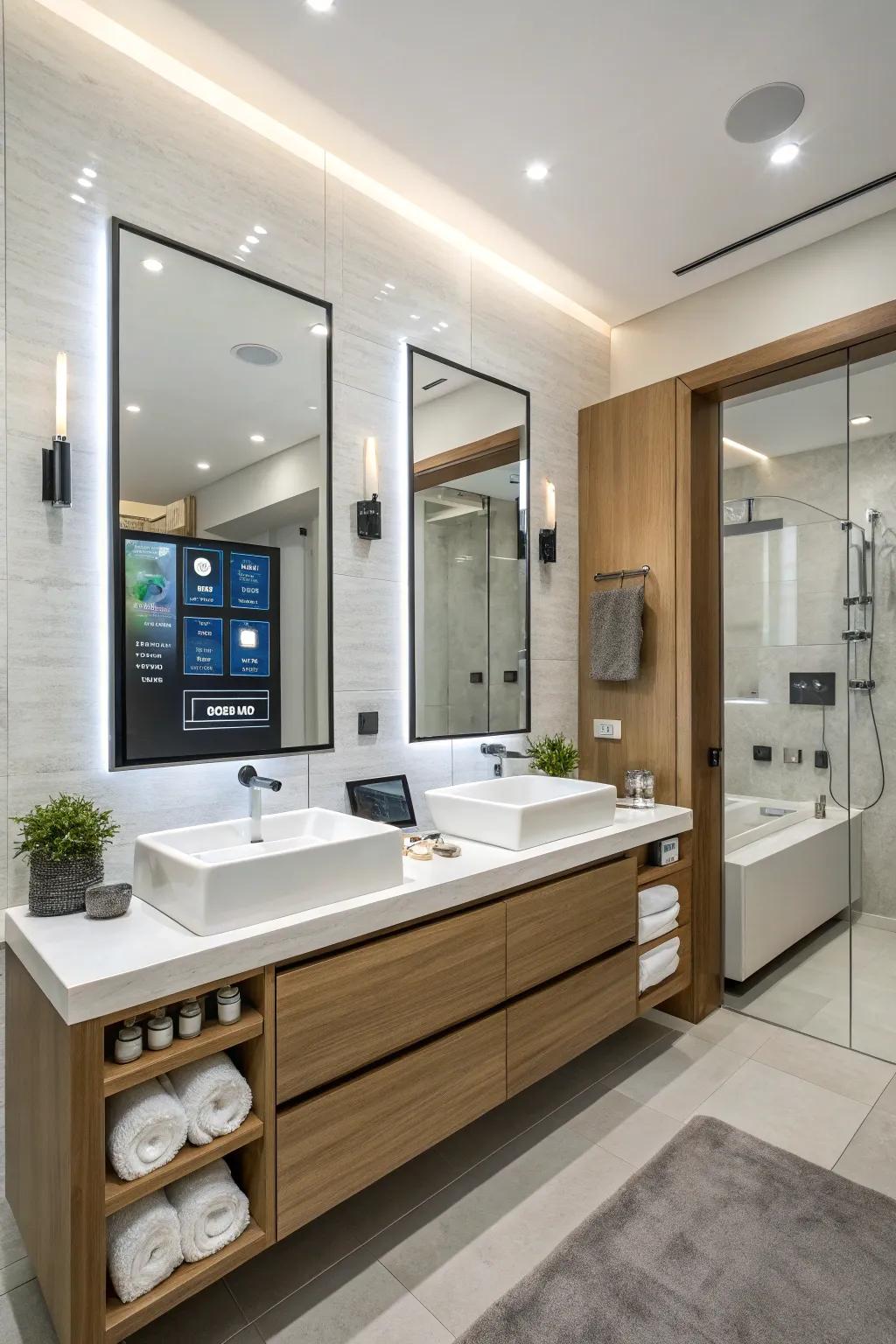 This contemporary bathroom vanity integrates advanced technology to improve its practicality.