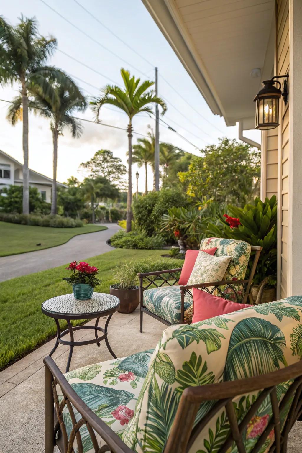 Tropical-patterned fabrics append a splash of amusement toward outdoor decor.