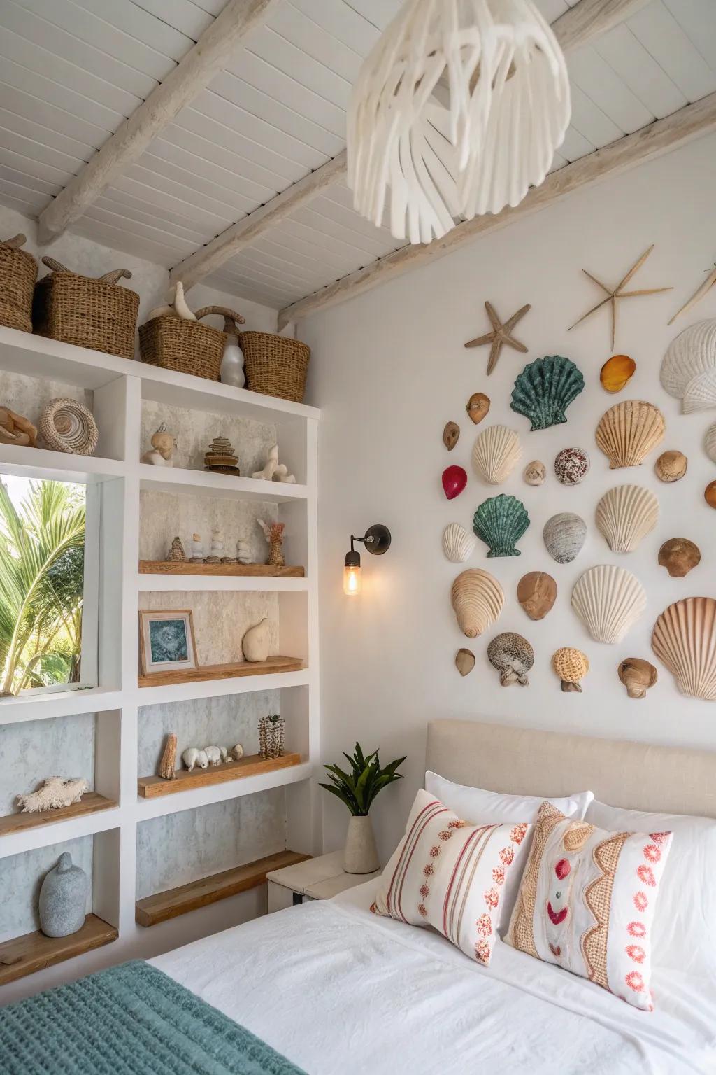 Seashell decor evokes beach memories and adds tropical charm.