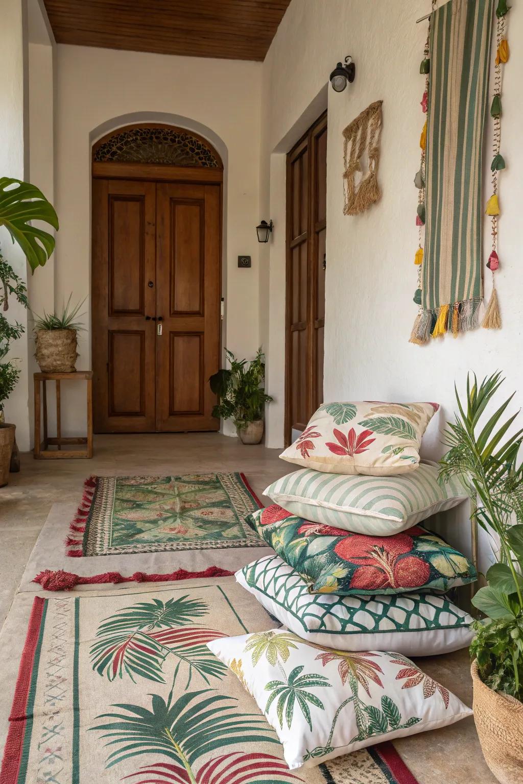 Layered fabrics contribute depth and warmth to your entryway.
