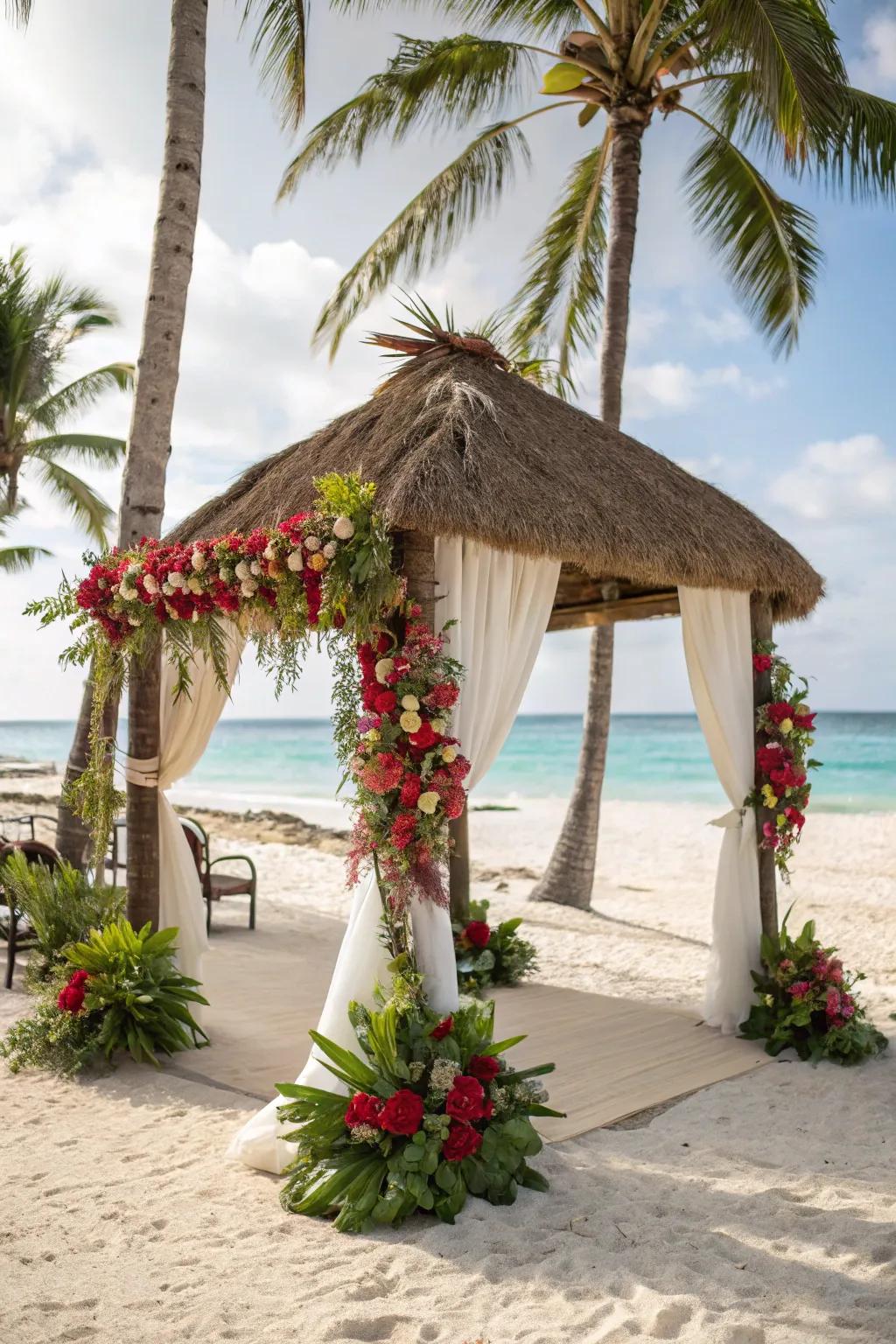 An island cottage arch that introduces island vibes to your wedding.