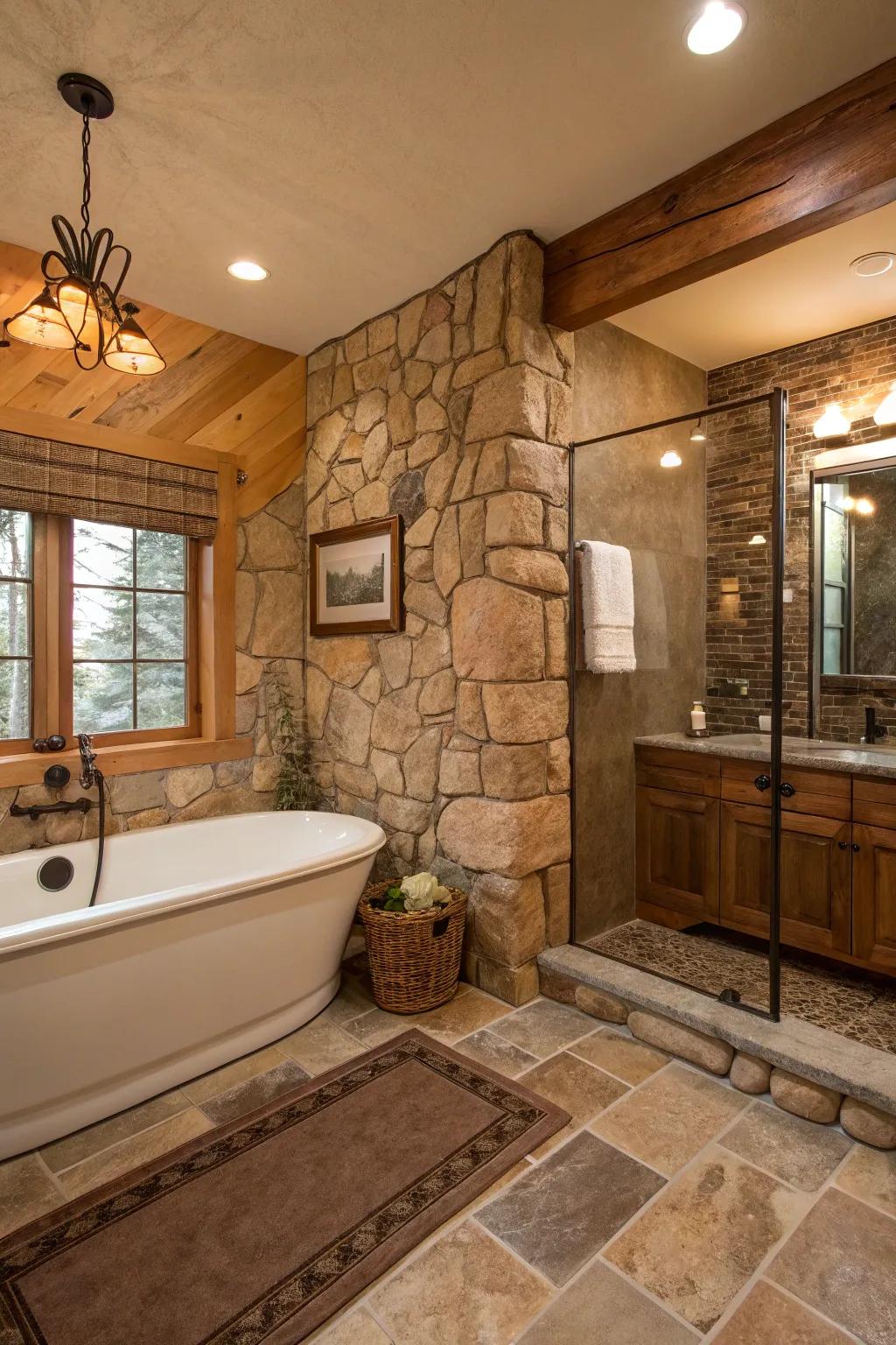 Rustic stone features bring earthy charm to a modern tub-in-shower setup.
