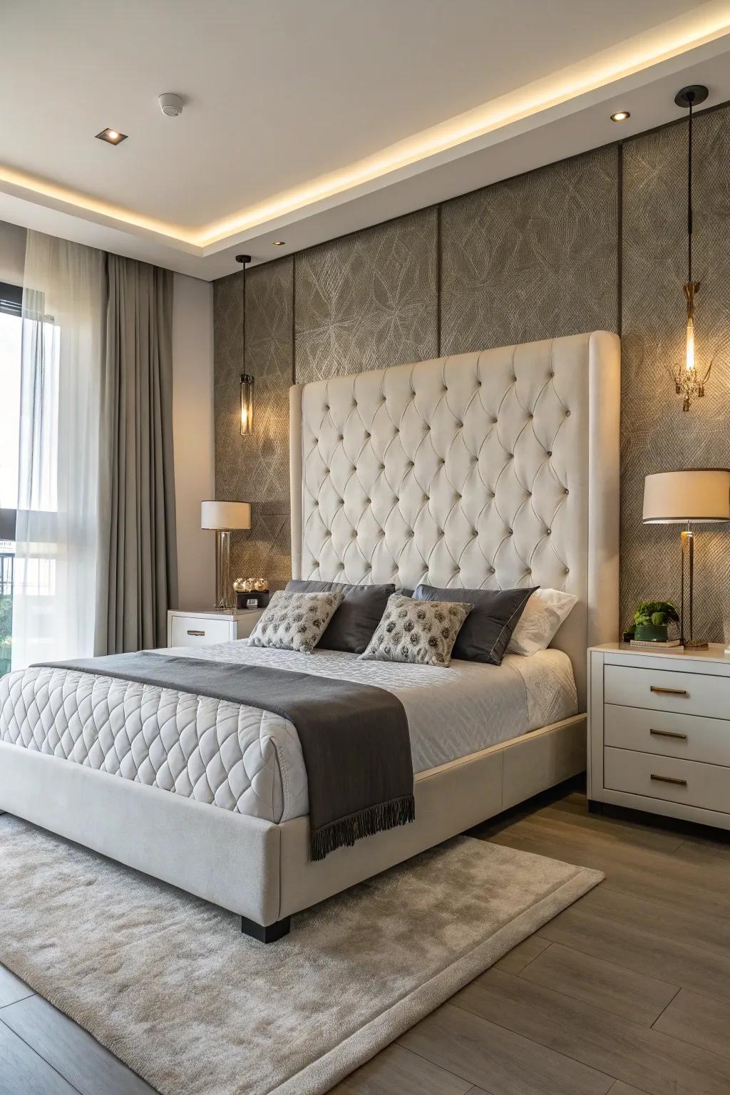 A contemporary bedroom exhibiting a one-tone tufted headboard.