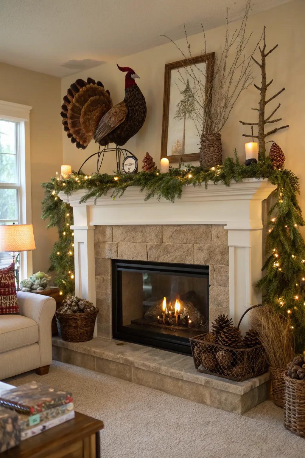 An exterior inspired mantel presentation featuring a wild fowl display.