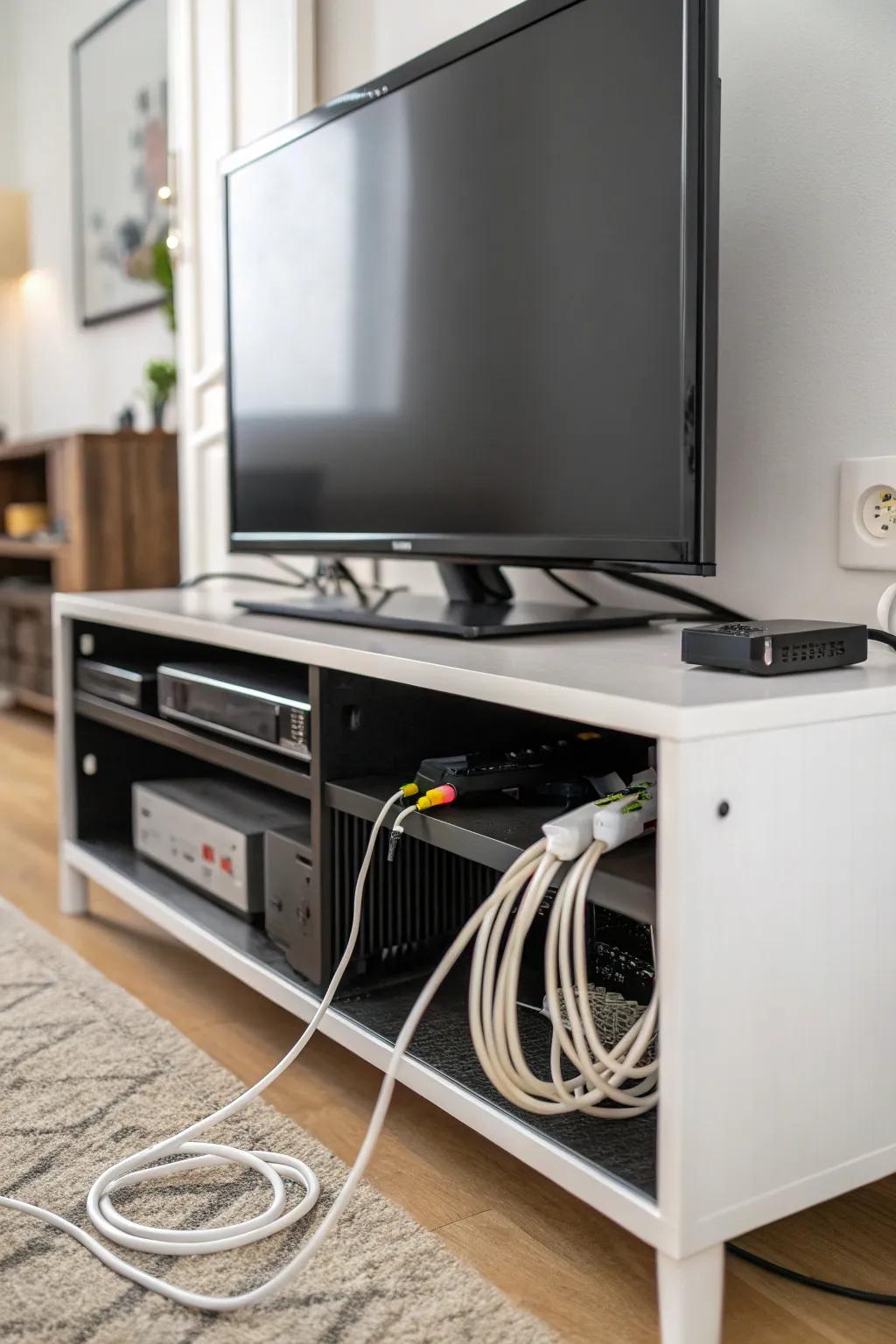 Clever cable management keeping your TV stand tidy.