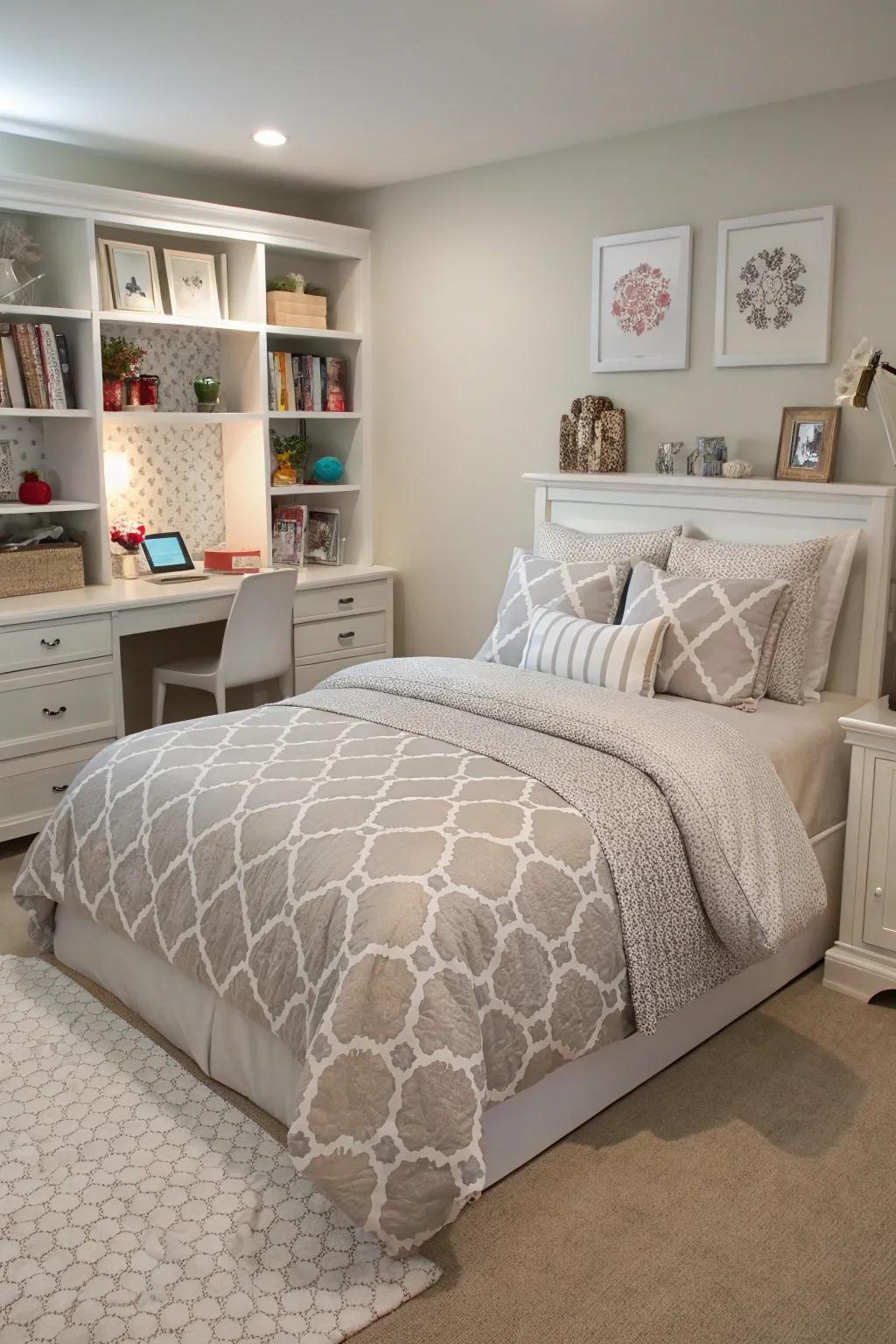 Sophisticated bedding elevates the style and comfort of a tween's bedroom, creating a serene and inviting space.