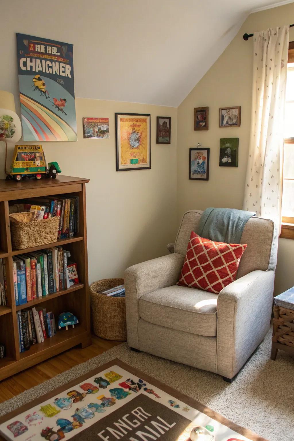 A cozy reading corner in a tween boy’s bedroom.