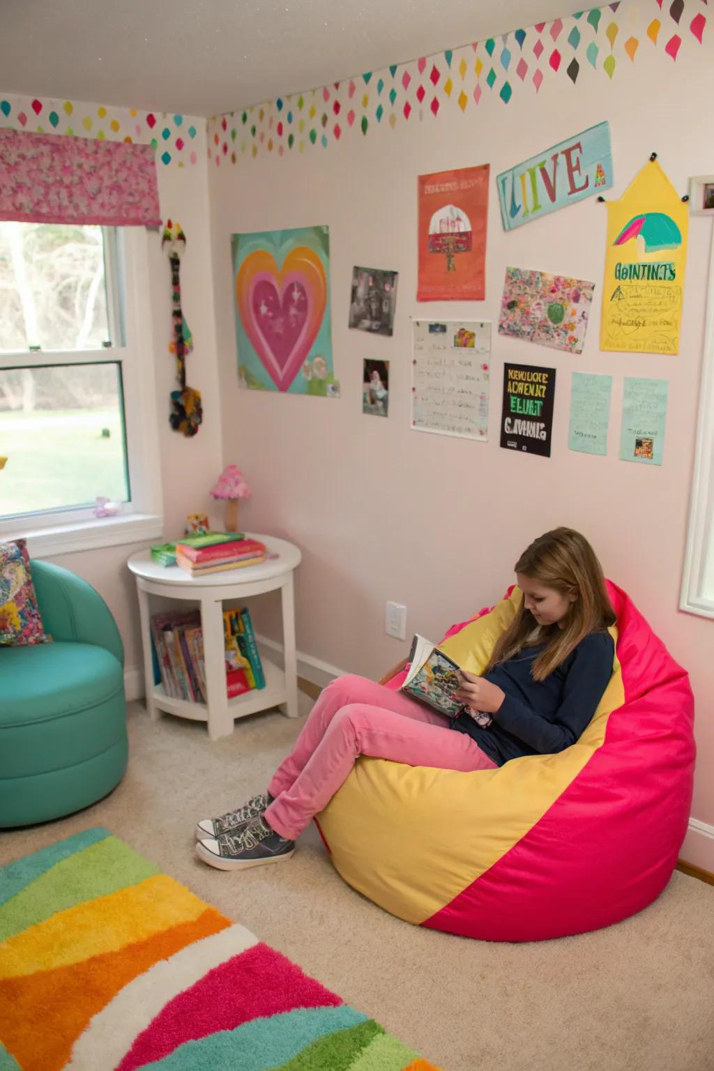 Relaxation spot presenting a vibrant bean bag lounger.