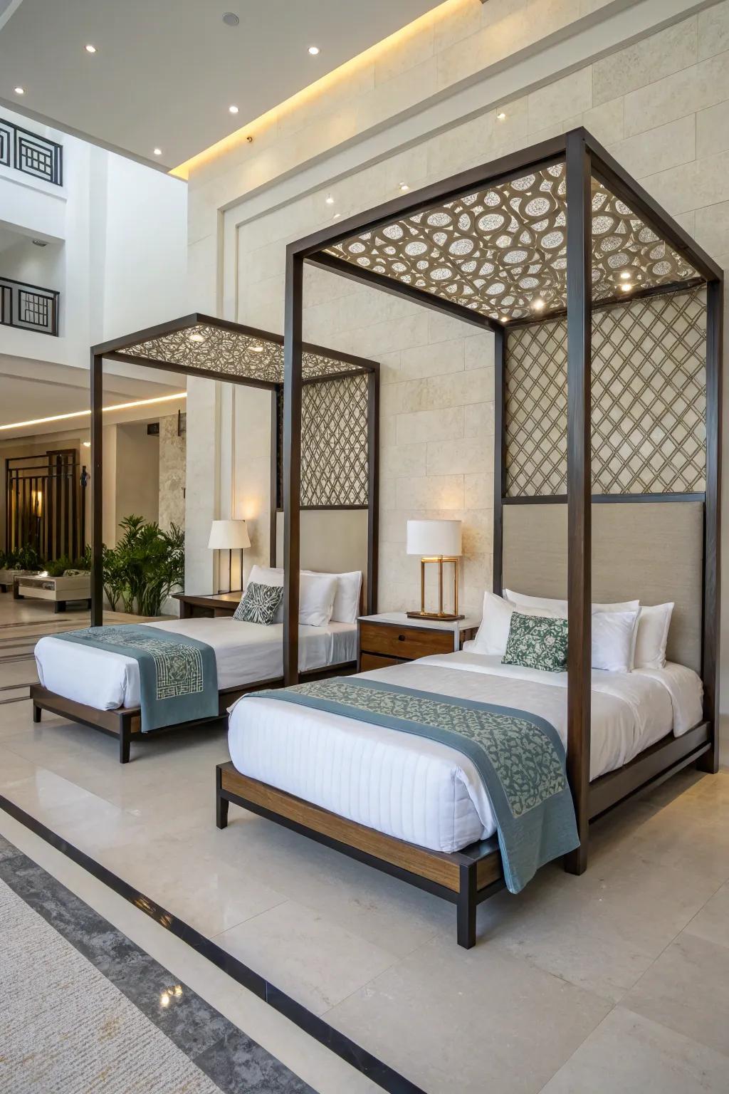 Distinctive bed frames introduce architectural interest to bedrooms.