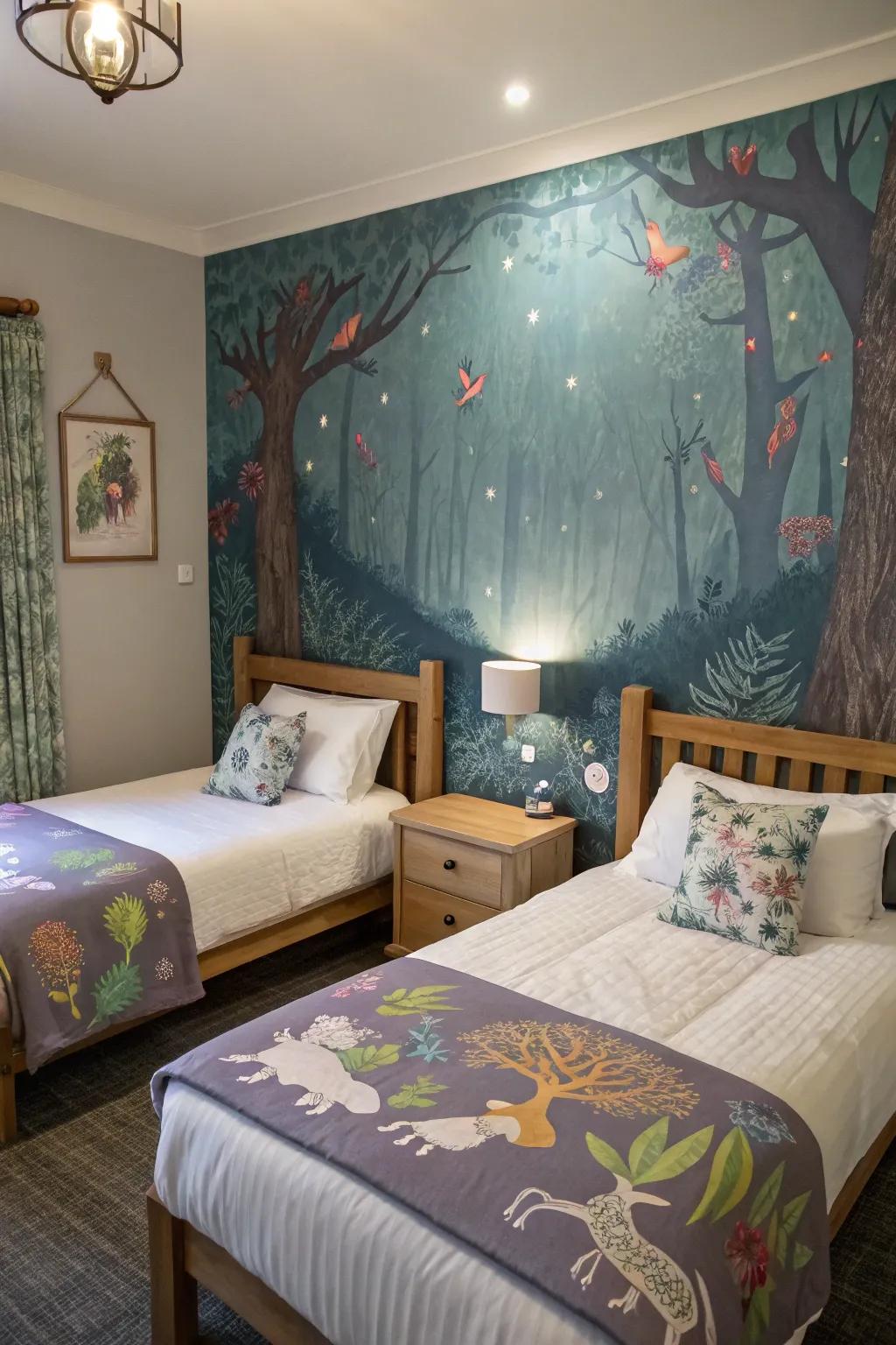 A wall mural transforms the room into a world of imagination and dreams.