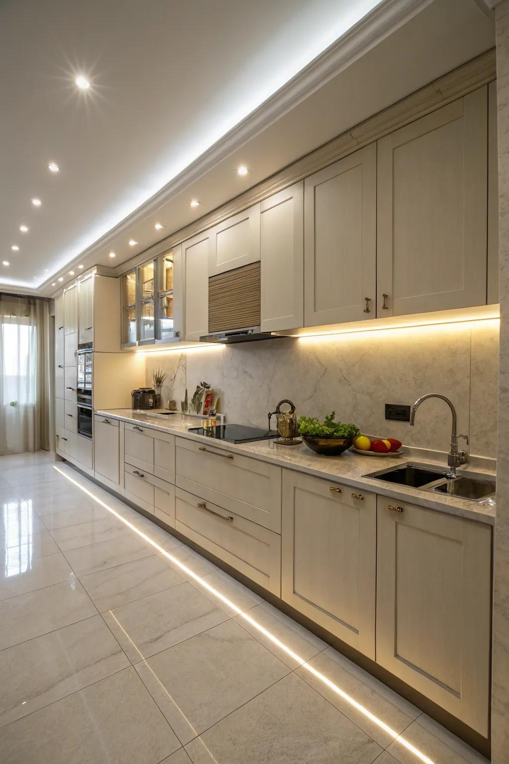 Linear lights deliver consistent light, enhancing kitchen workspaces.