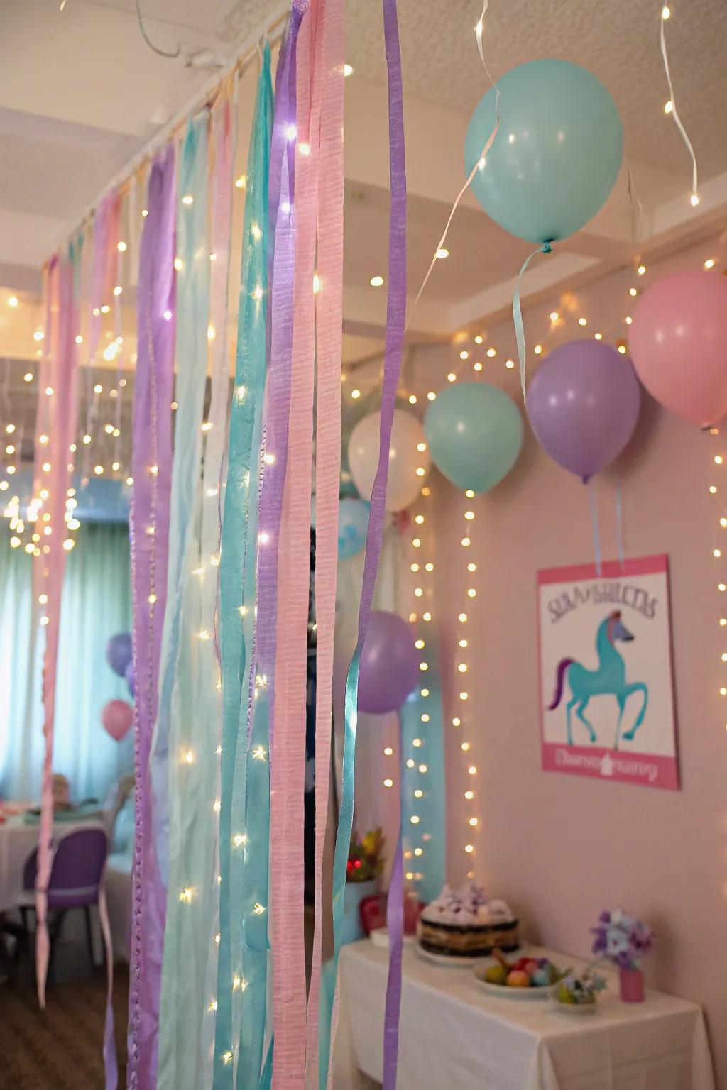 Enchanting unicorn decorations with soft-hue streamers and radiant strands.