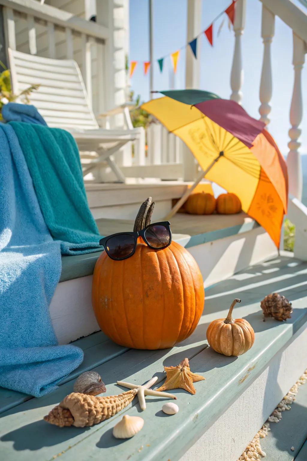 A summer-loving pumpkin sporting stylish eyewear.