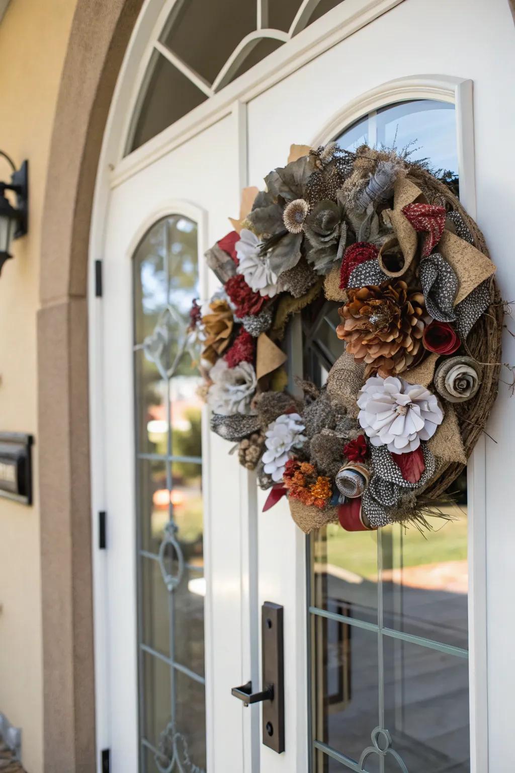 Combined materials create an assorted and sophisticated entryway display.