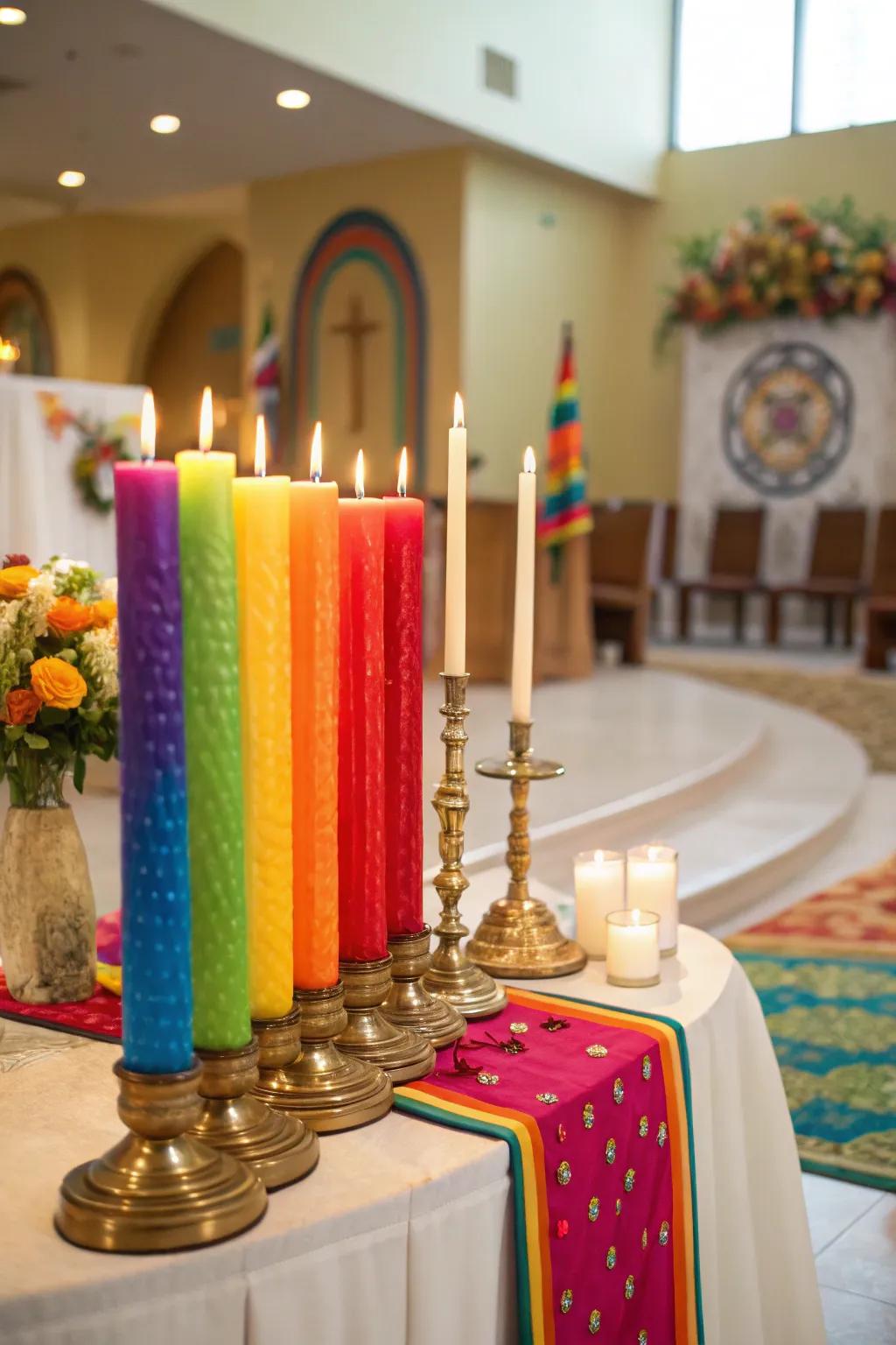 Vibrant candles infuse individuality into this unity candle station.