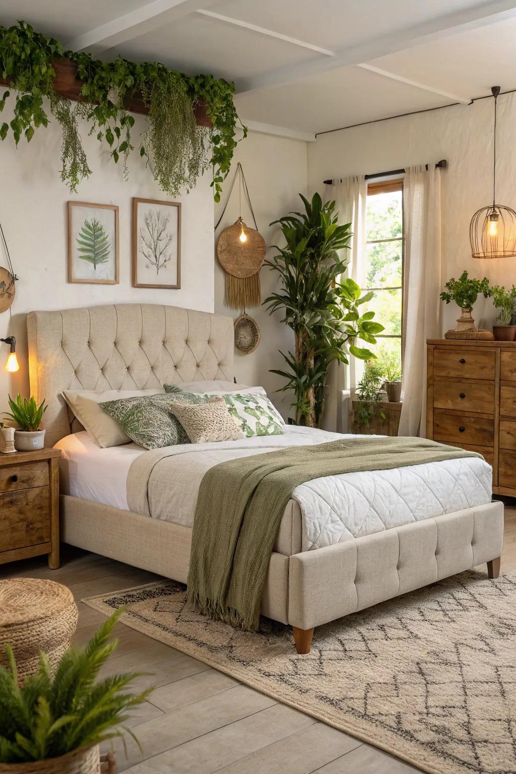 Sustainable materials establish an eco-aware and chic sleeping quarter.
