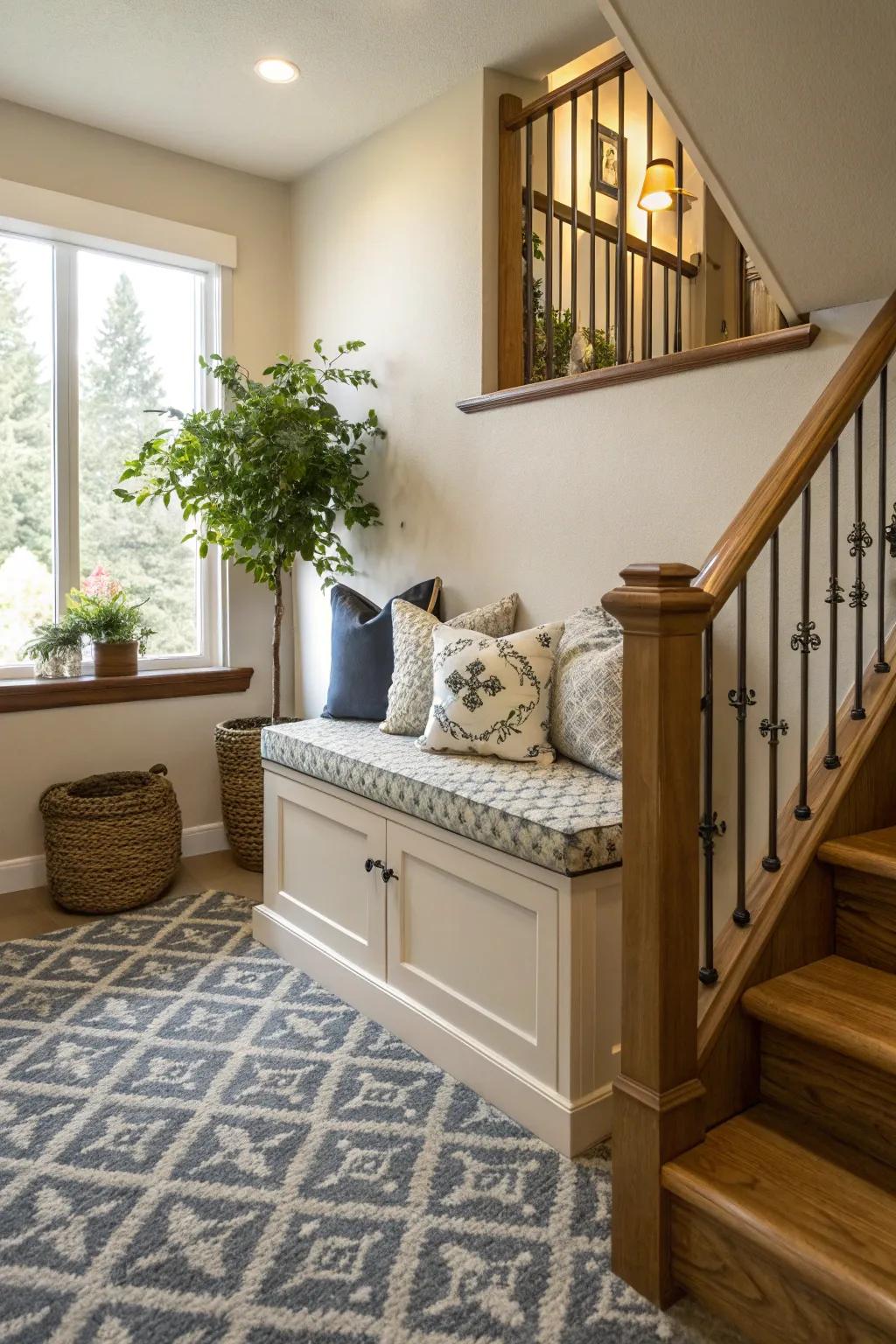 The addition of a small bench provides seating and style to the landing.