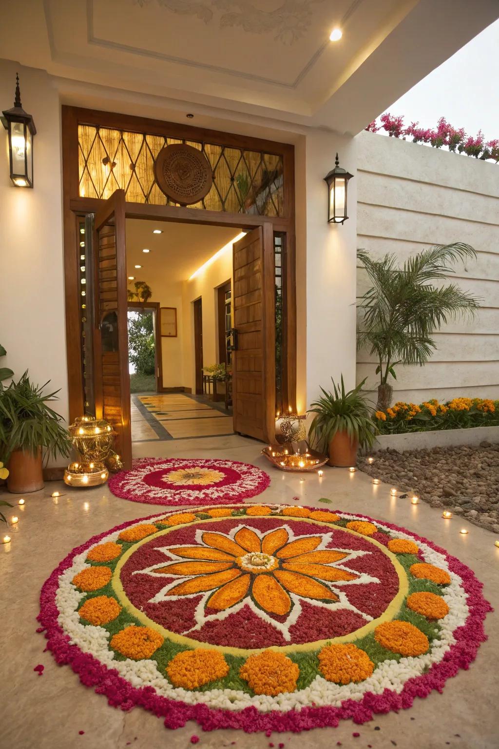 A rangoli sketch in an <strong><em>uruli</em></strong> appends cultural elegance to your abode.” loading=”lazy” class=”pimg”>
	</picture><figcaption>A rangoli sketch in an <strong><em>uruli</em></strong> appends cultural elegance to your abode.</figcaption></figure>
<p>Craft a stunning <strong><em>rangoli</em></strong> motif employing floral petals within your <strong><em>uruli</em></strong>. It’s an artistic method to showcase your artistry and cultural pride.</p>
<h3>Products that could assist:</h3>
<ul class=