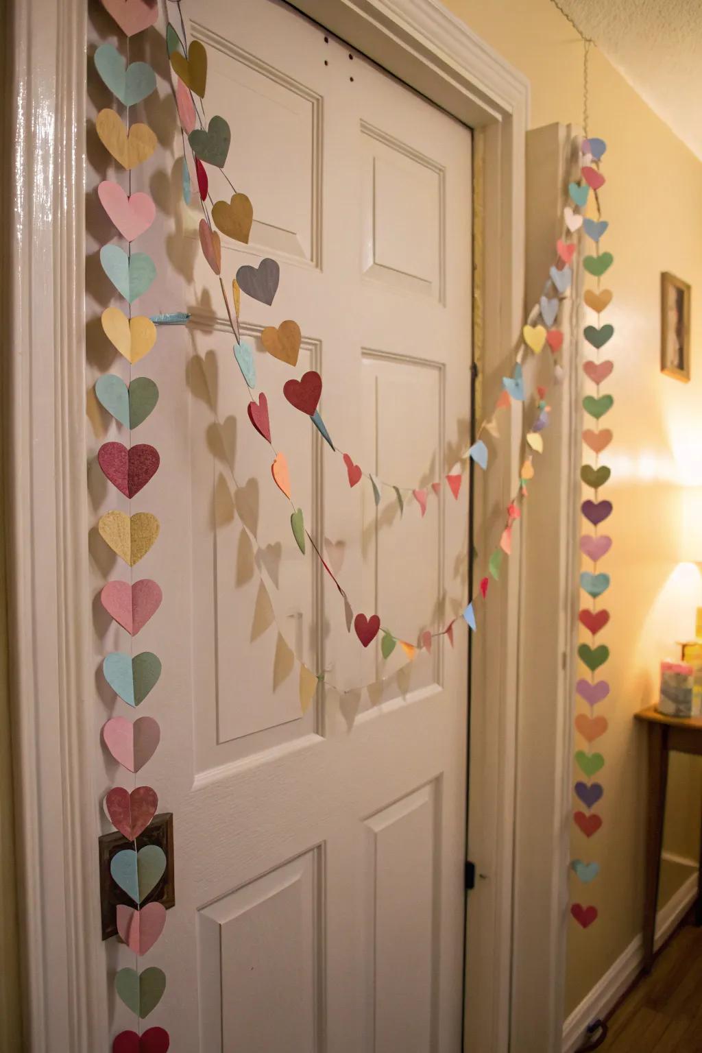 A DIY paper heart chain adds a personal and playful touch to your entrance.
