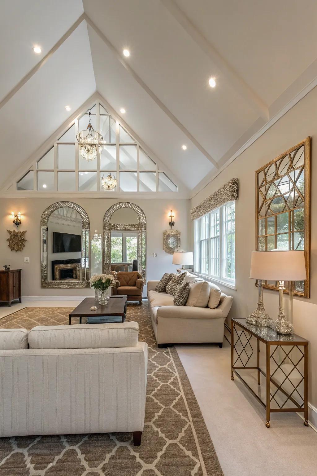 A family room showcasing a vaulted ceiling and wall design incorporating reflective elements