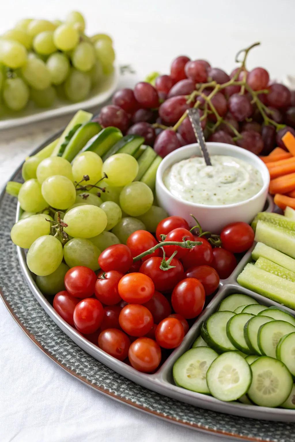 Vegetable tray with a harmonious mix of fruits and veggies.