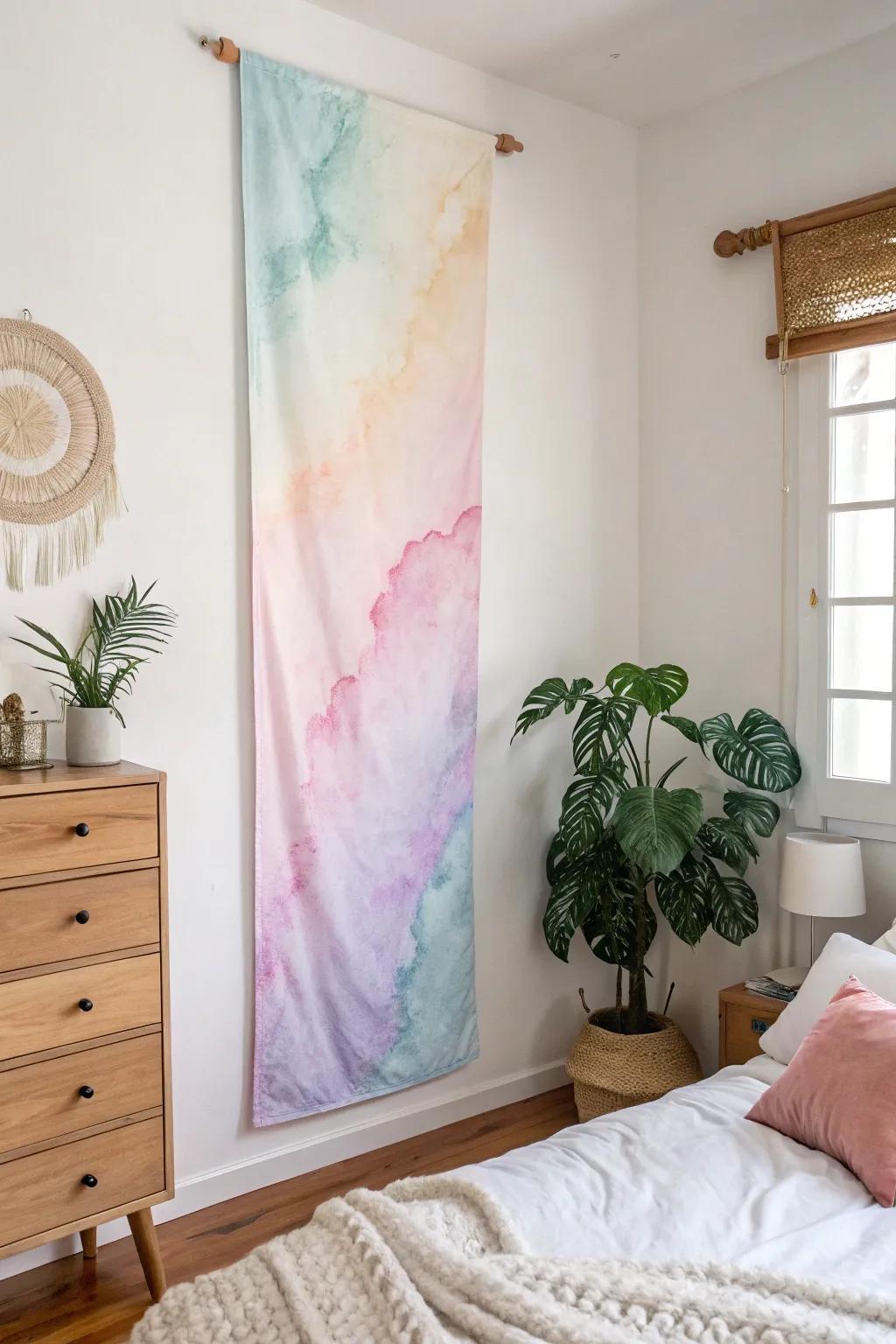 Abstract watercolors on a banner bring a calming essence to a bedroom.