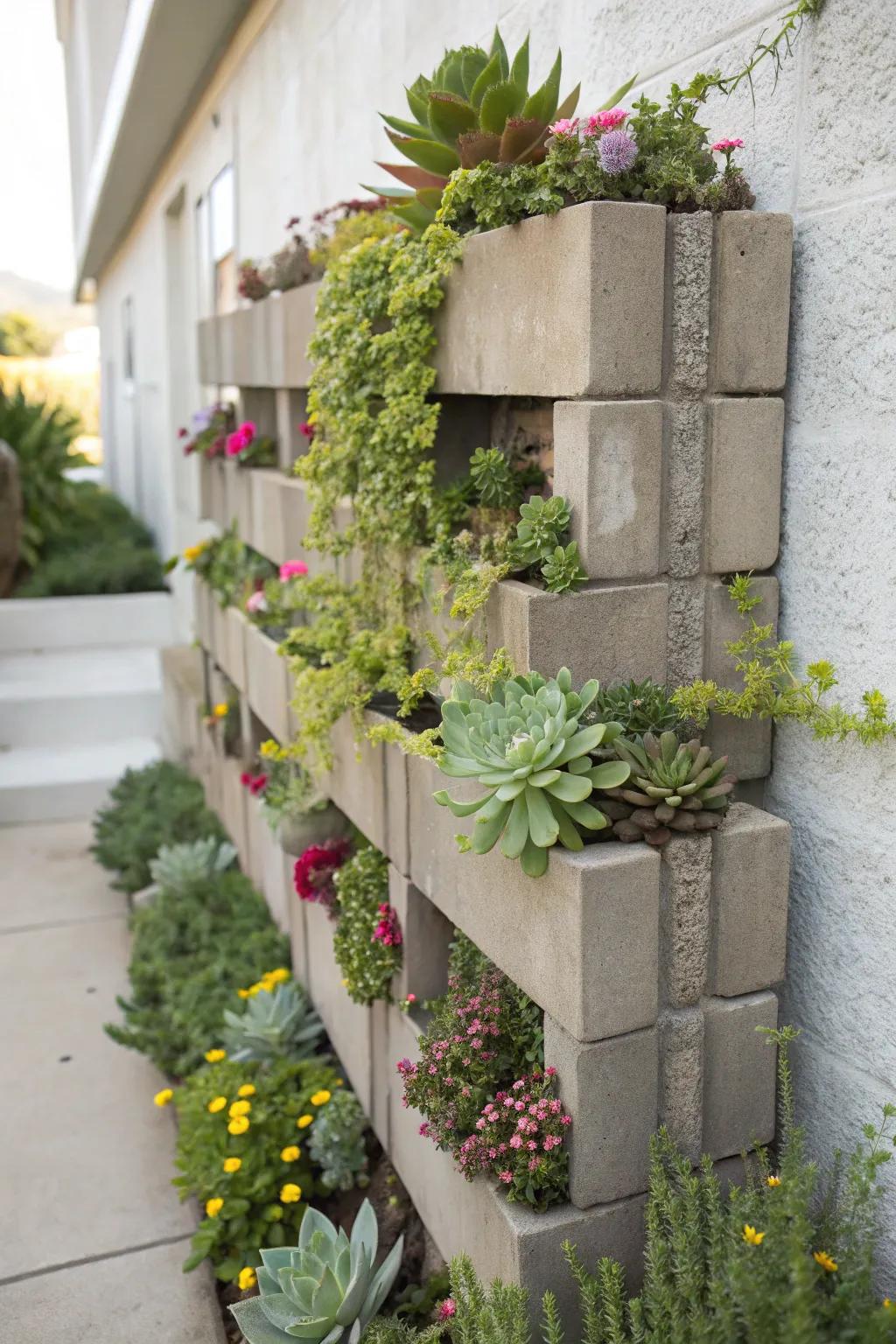 A contemporary vertical garden utilizes cinder blocks to highlight succulents.