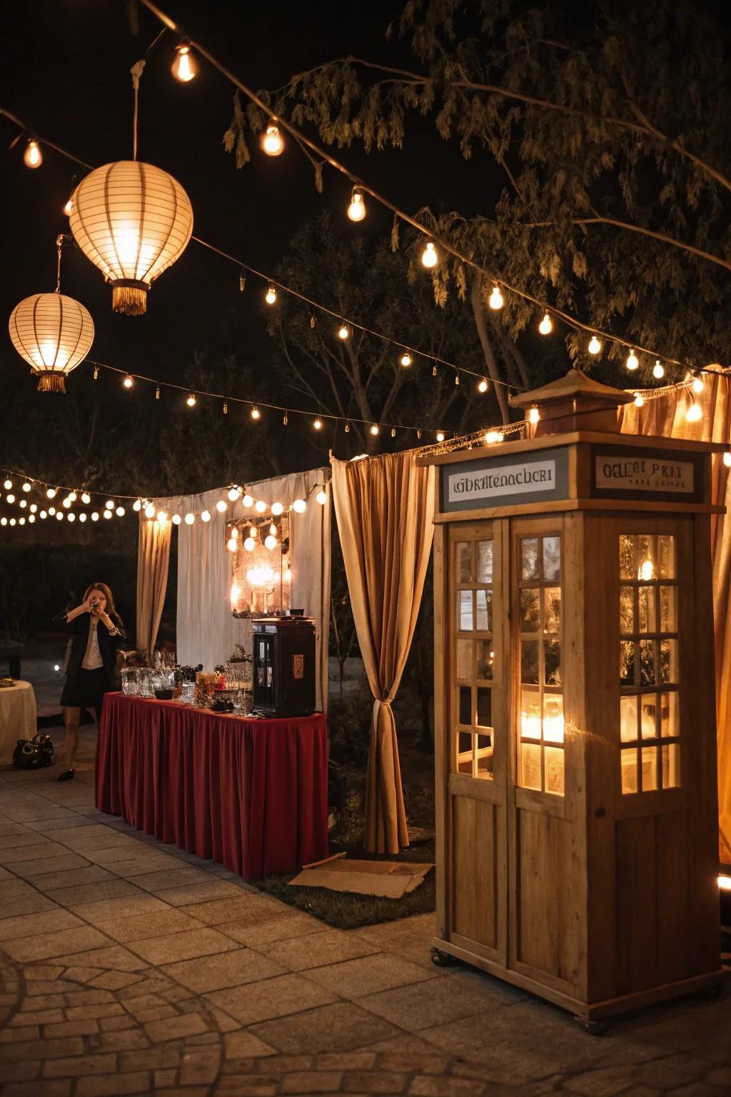 Thematic illumination elevates the mood of vintage stalls.
