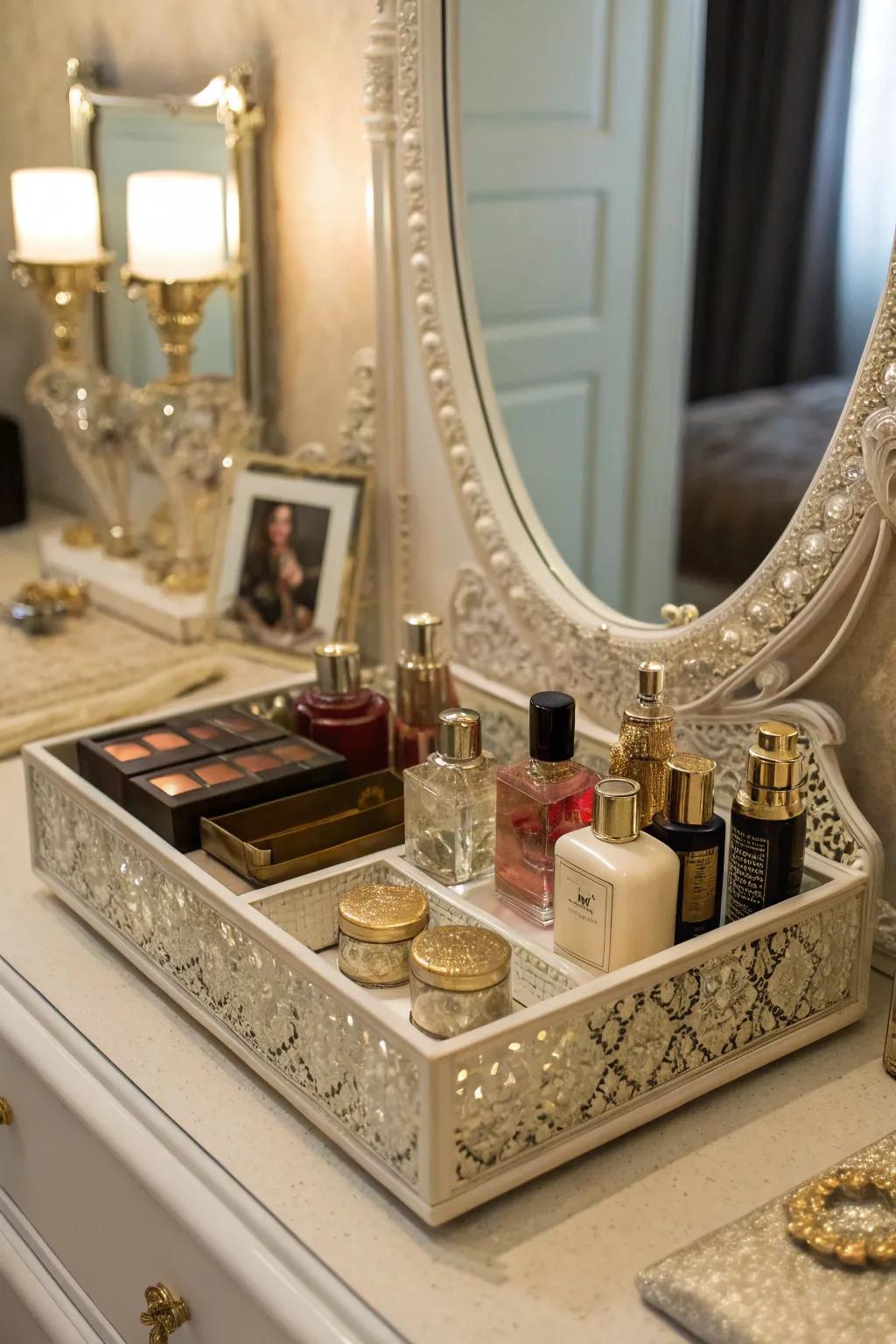 Old time trays offer graceful organization methods for your vanity.