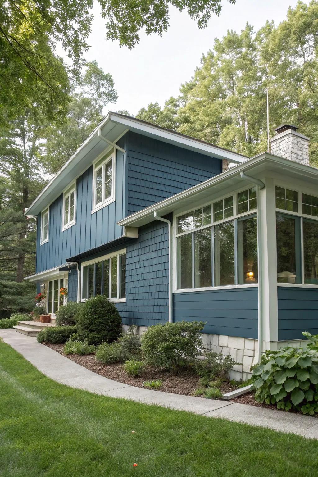 Slate blue siding offers a modern yet classic appeal.