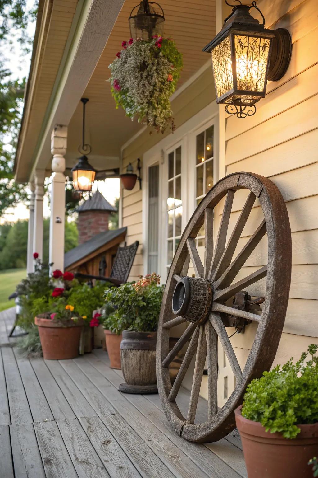 A carriage wheel acting as the highlight of a welcoming veranda setup.