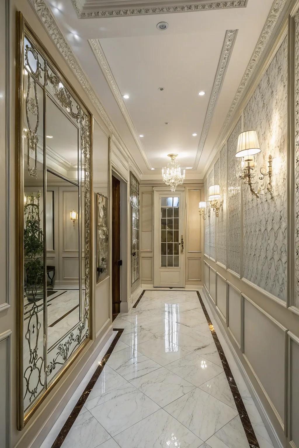 Enrich your entryway using reflective wainscoting.