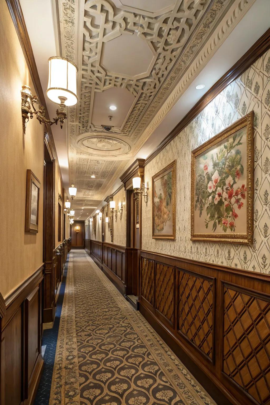 A corridor embellished with artistic patterned wainscoting.
