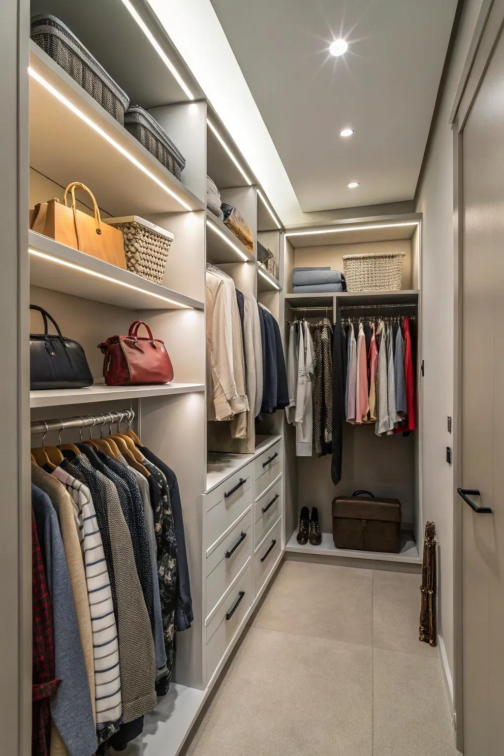 A walk-in closet maximizing vertical space with high shelves and hooks.