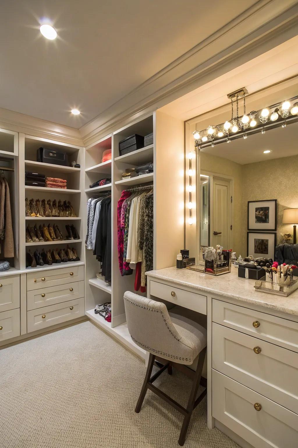 A dressing table enhances the closet with indulgence and utility.