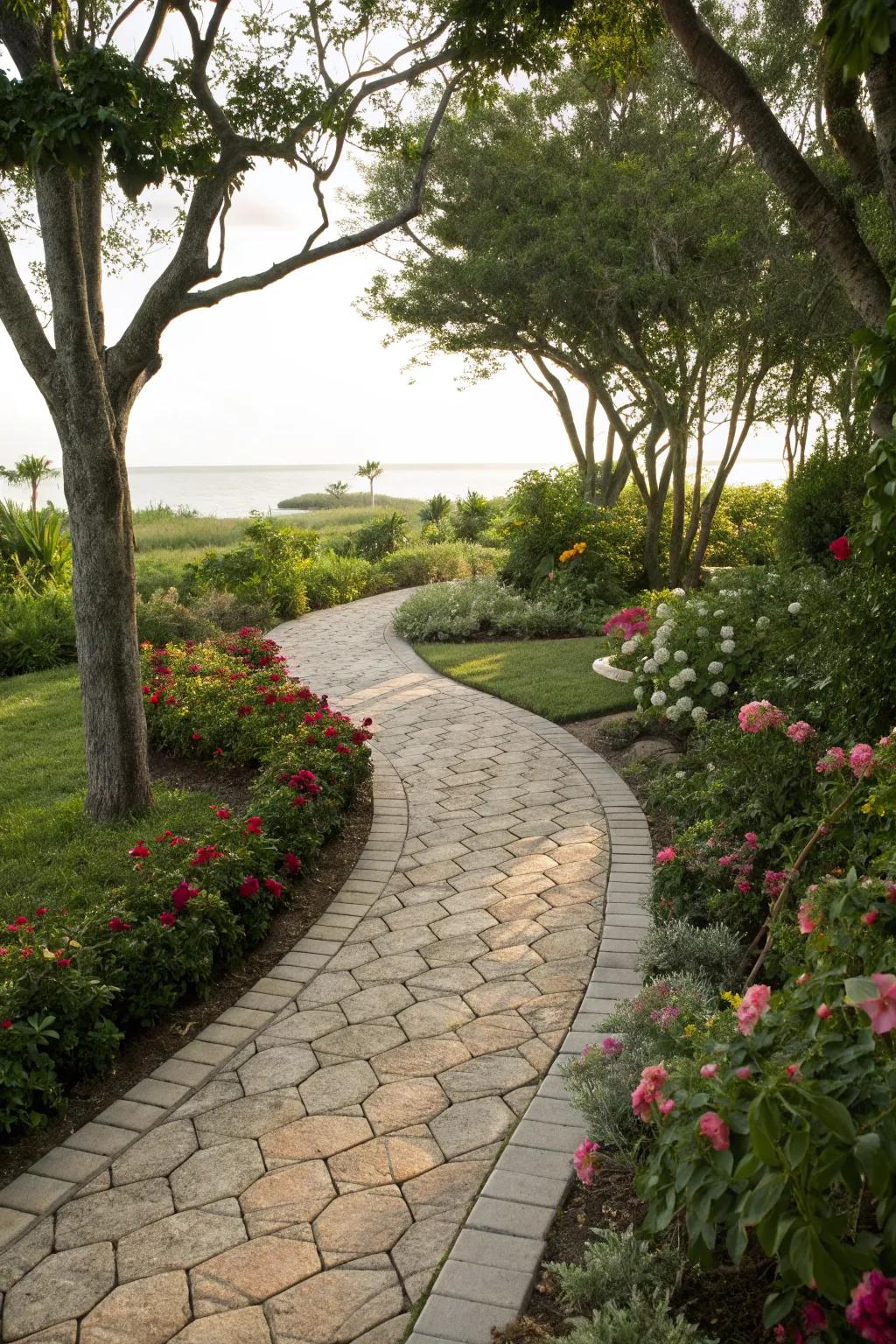 Seashell tiles impart shoreline feels to your backyard trail.