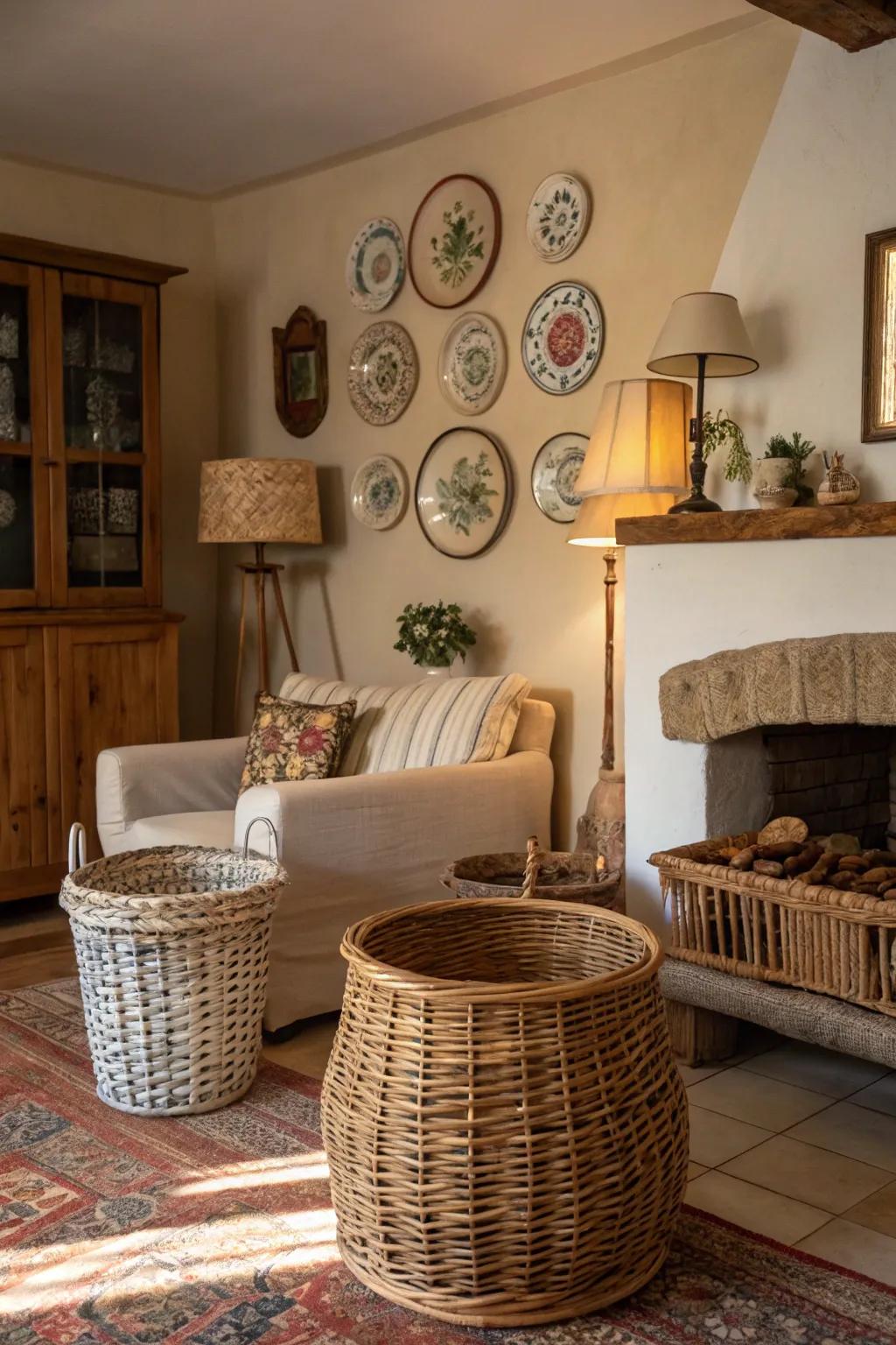 Three-dimensional decor pieces add an interesting layer to the living room's design.