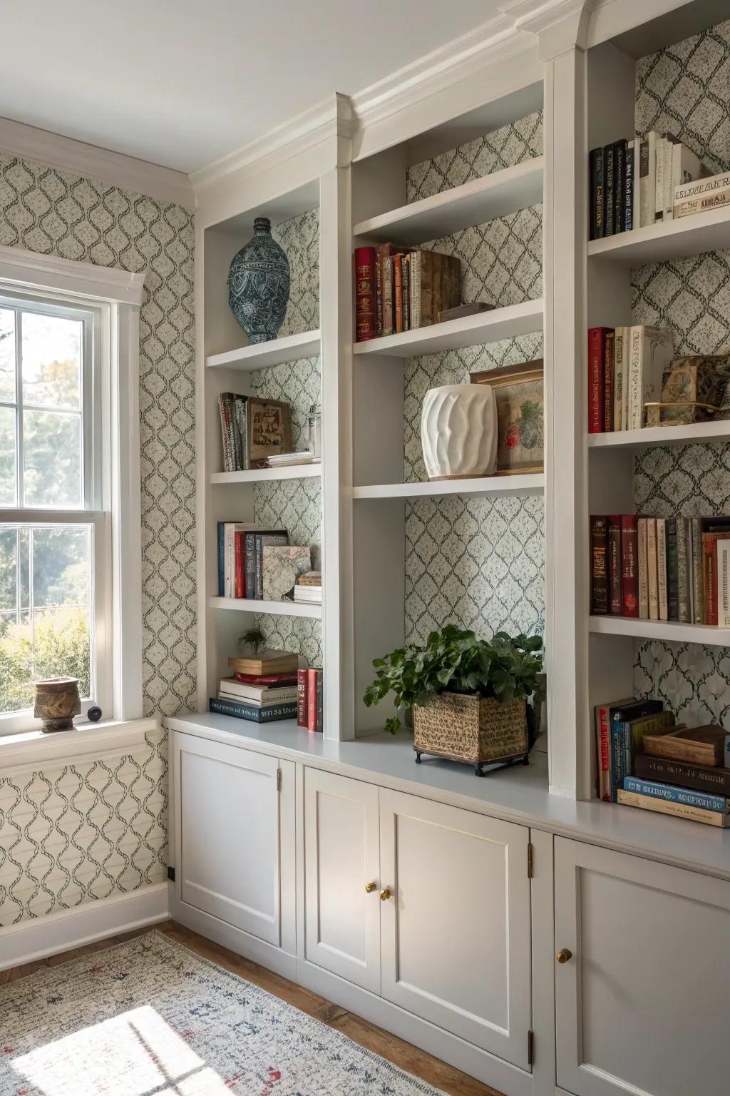 Wallpaper accents add both flair and visual intrigue to your bookshelves, enhancing their decorative appeal.