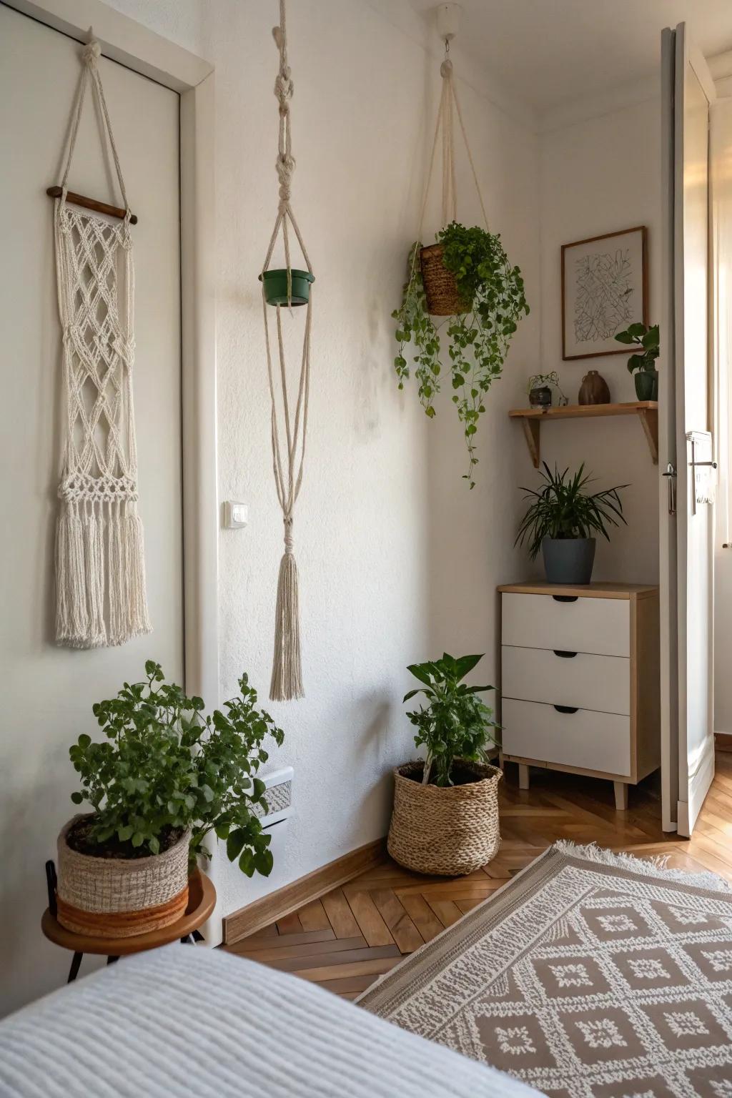 Knotted string plant holders are ideal for tiny spaces.