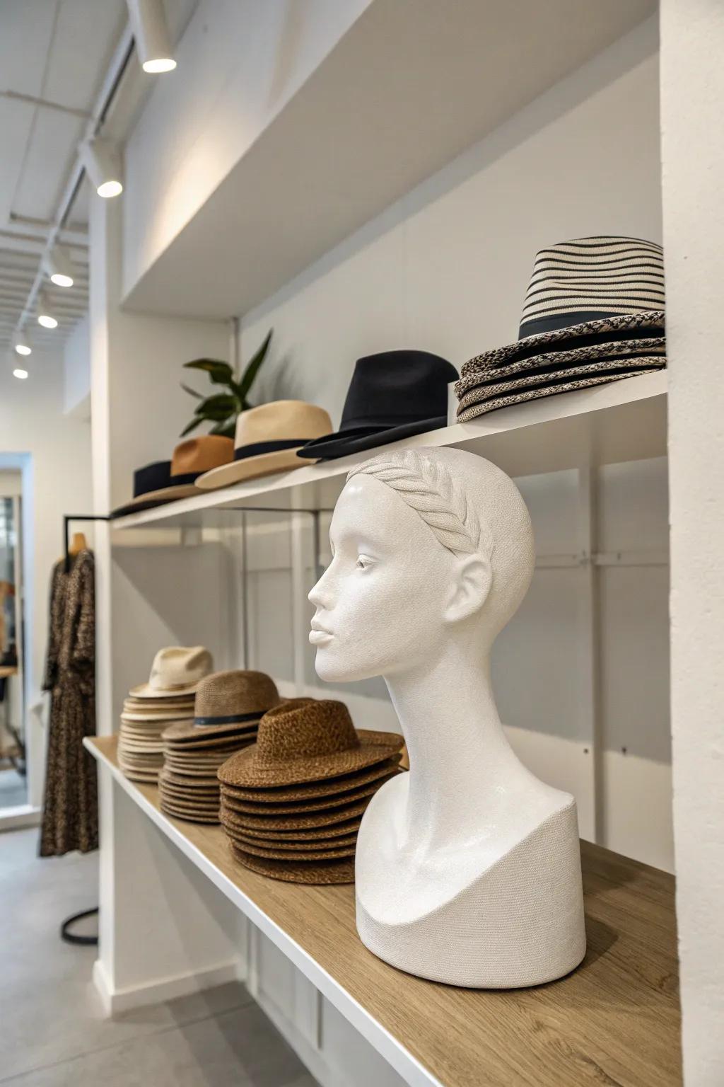 A minimalist headwear display through layered hats.