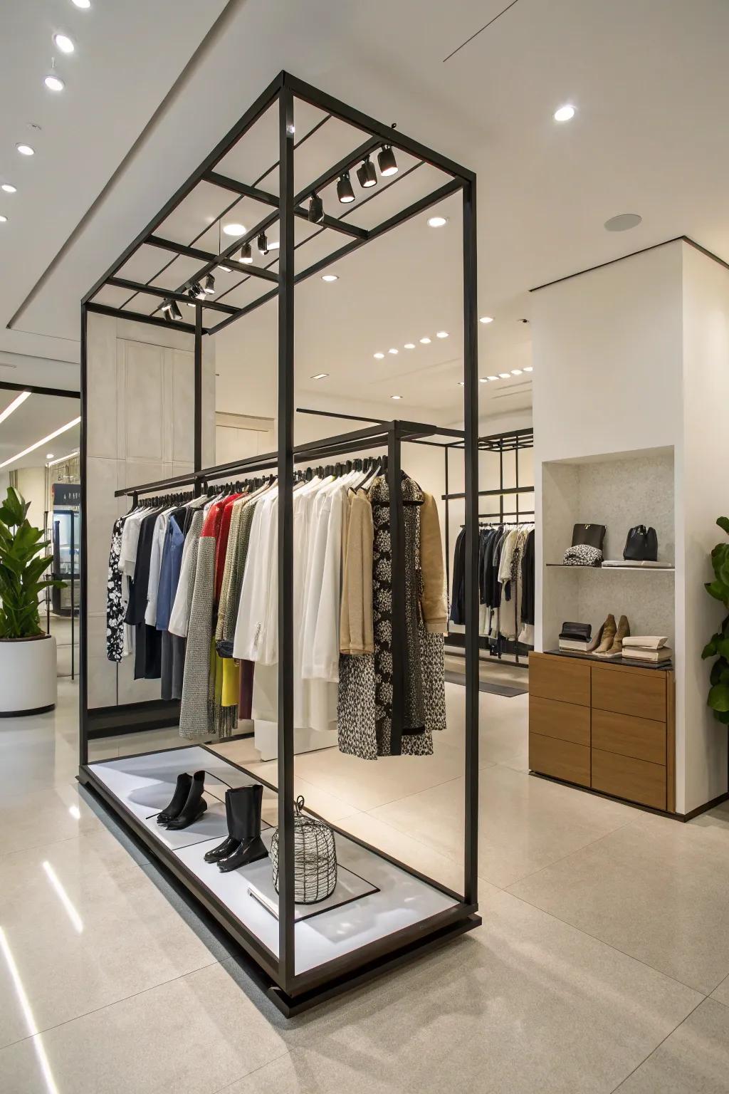 A modern corner space featuring an imaginatively mounted clothing rack.